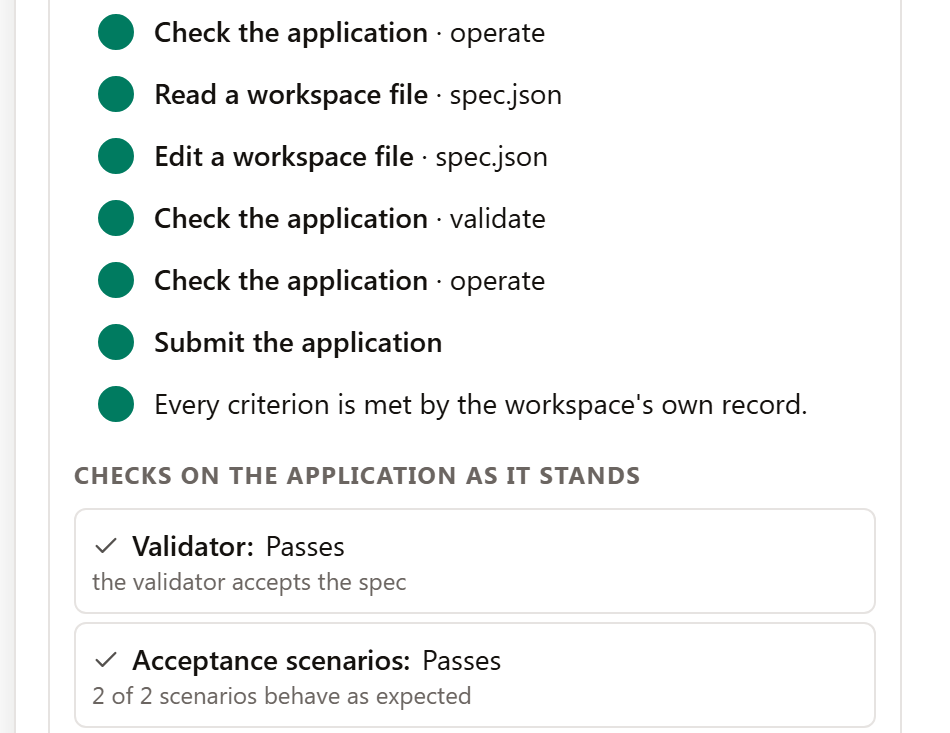 Miyoqa Code's steps for the change, ending with the validator and both acceptance scenarios passing.