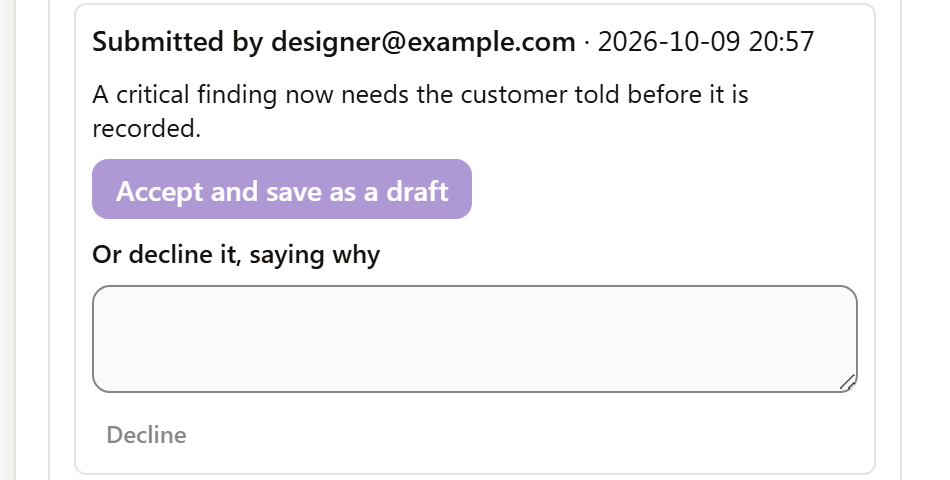 The submitted change waiting for review, with Accept and Decline.