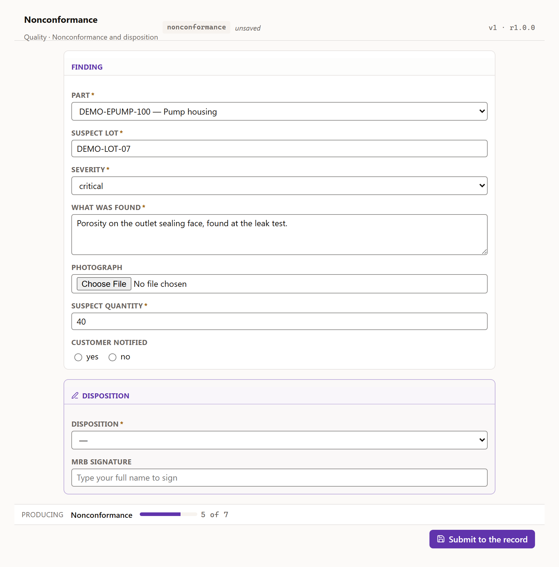 The released nonconformance station screen with a critical finding entered and Customer notified not yet required.
